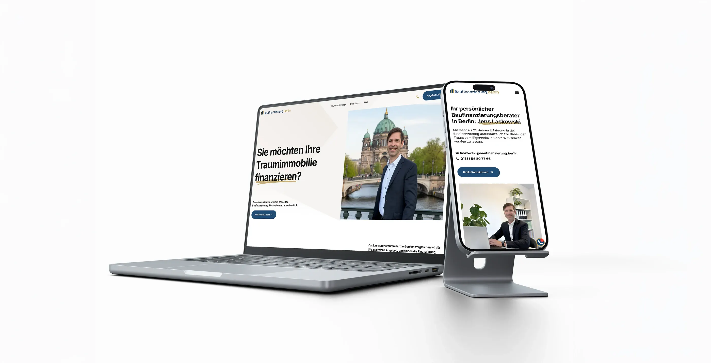 Laptop und Smartphone mit der Startseite von Baufinanzierung.Berlin