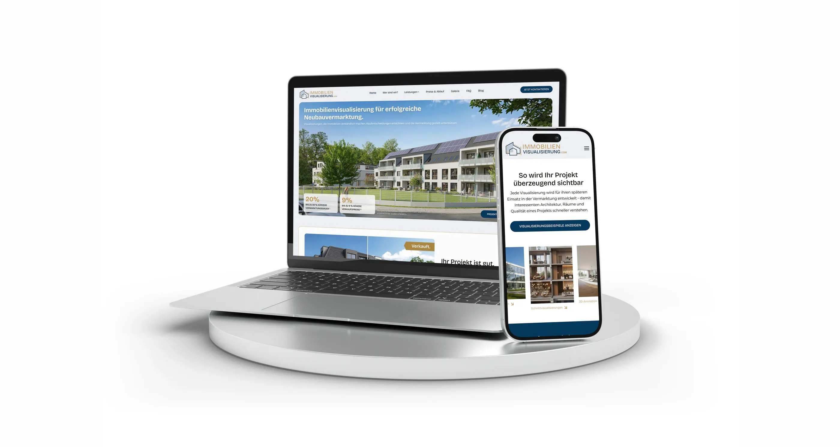 Laptop und Smartphone mit der Website von Immobilienvisualisierung.com