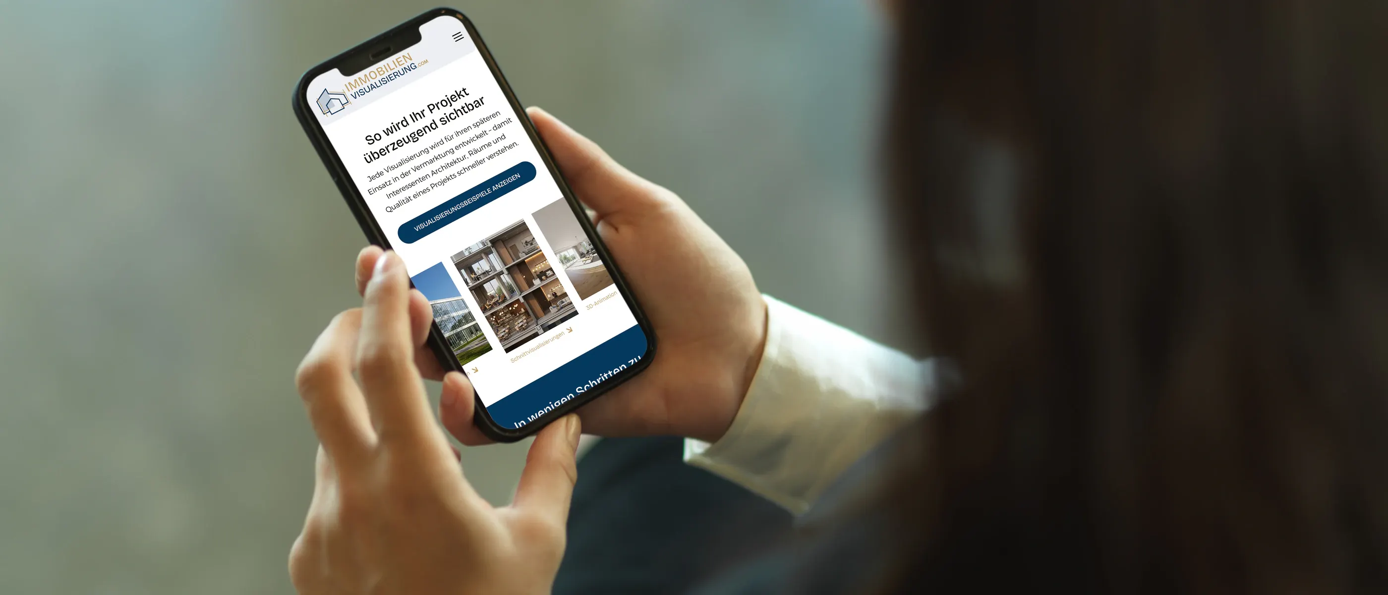 Smartphone mit der mobilen Website von Immobilienvisualisierung.com